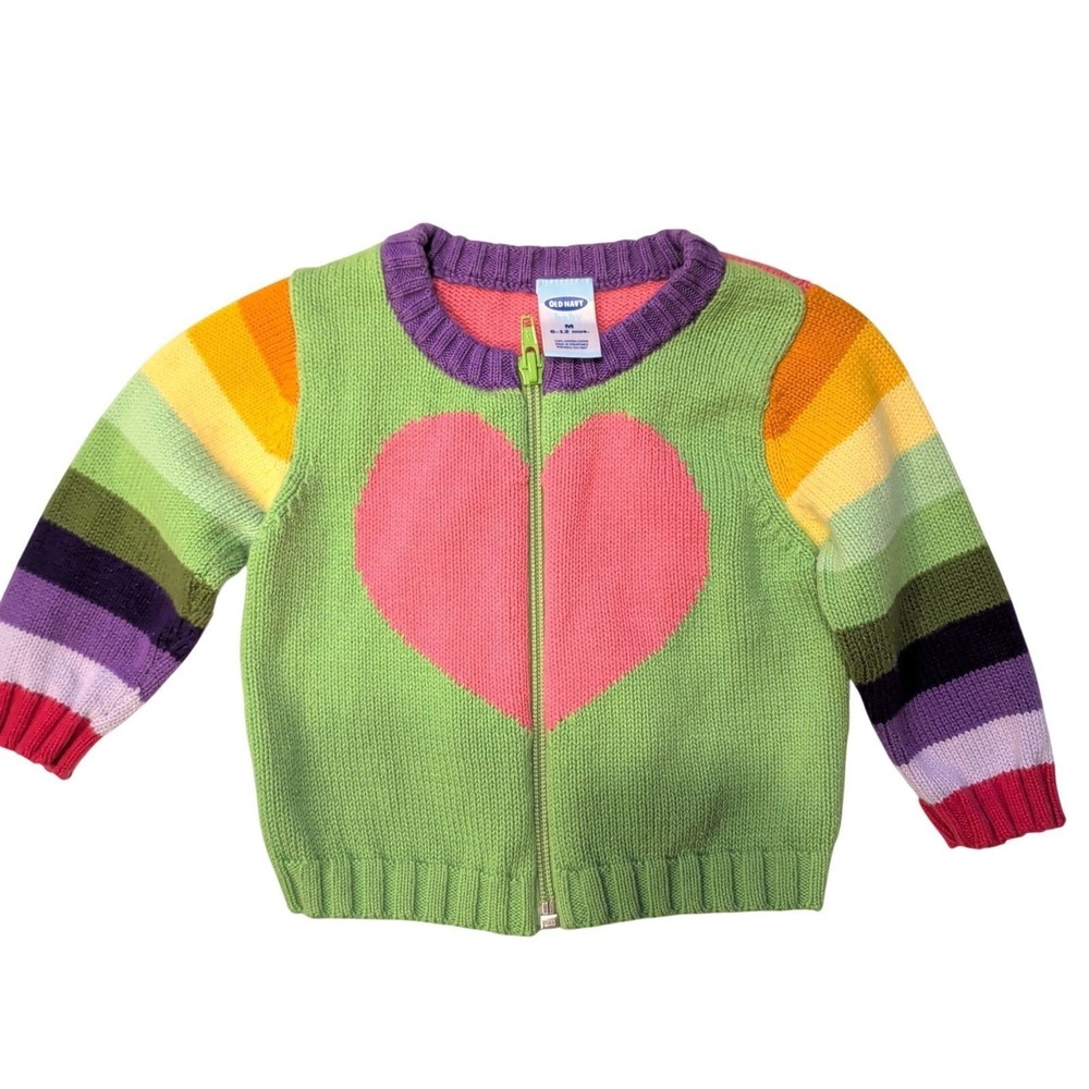 Y2K Vintage Old Navy Baby Heart Rainbow Stripe Zip Cotton Sweater 6-12 Months